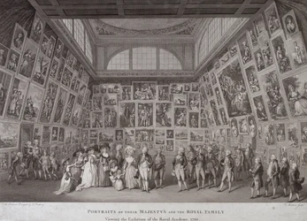 Interior view of Somerset House showing King George III, Queen Charlotte and the Royal family viewing an exhibition of the Royal Academy of Arts in 1788